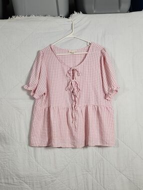 Tamara H. Pink Gingham Tie-Front Peplum Top